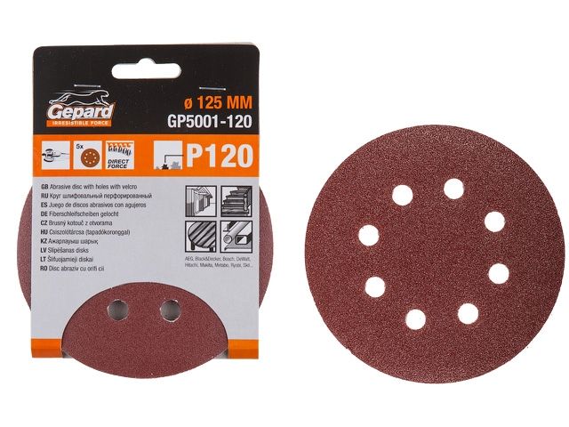 Шлифлист 125мм круг Р80 8 отв. 5шт. GEPARD (GP5001-80)