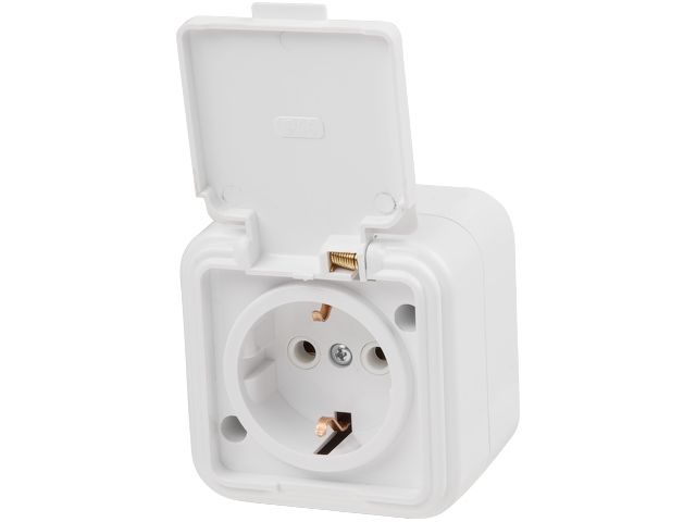 Розетка 1-ая (открытая, с/з, брызг. защ.) белая, Стандарт, Юпитер