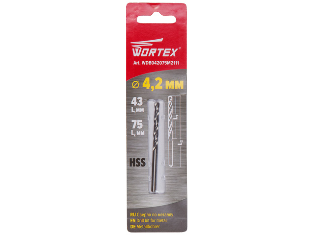 Сверло по металлу ц/х 4.2х43х75 мм HSS WORTEX