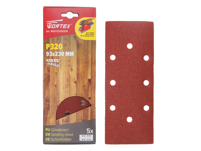 Шлифлист 93х230мм Р320 д/дерева самосцепл. 8 отв. 5шт WORTEX