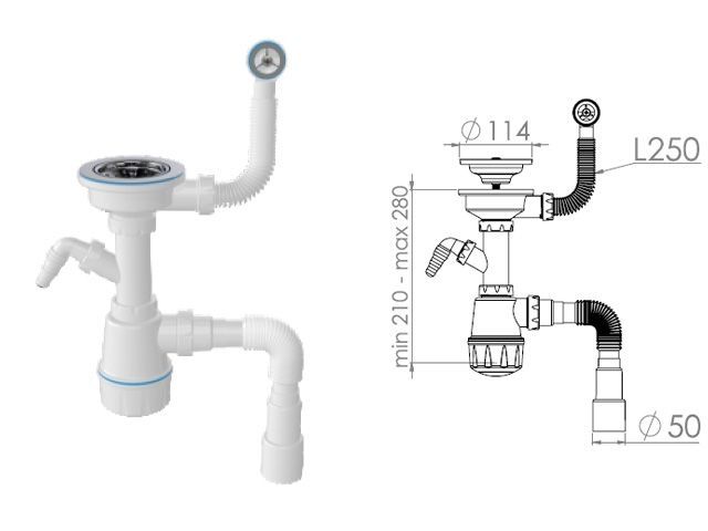 Сифон для кухни с круглым переливом, выпуск 3 1/2, пластиковый винт 45мм, с гибкой трубой 1 1/2"AV E