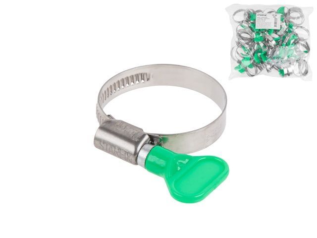 Хомут червячный с ключом "бабочка" 25-40 мм, нерж.сталь (W2) (50 шт в пакете) STARFIX