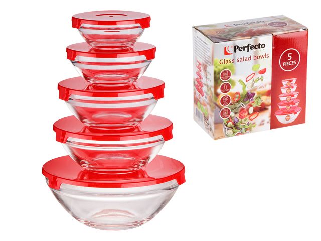 Image 2 Набор салатников стеклянных с крышками 5шт., Позитиво (Positivo), PERFECTO LINEA