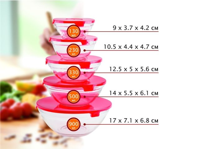 Набор салатников стеклянных с крышками 5шт., Позитиво (Positivo), PERFECTO LINEA