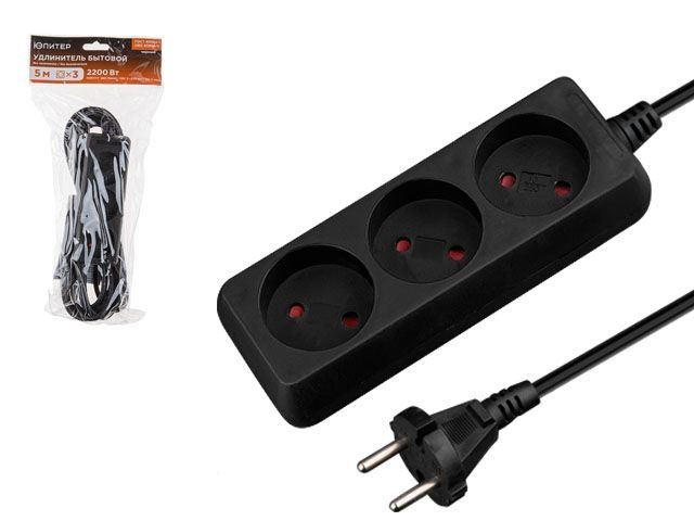 Удлинитель 5м (3 роз., 2,2кВт, б/з, ПВС 2х0,75) черный, Юпитер