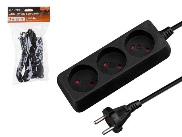 Удлинитель 3м (3 роз., 2,2кВт, б/з, ПВС 2х0,75) черный, Юпитер
