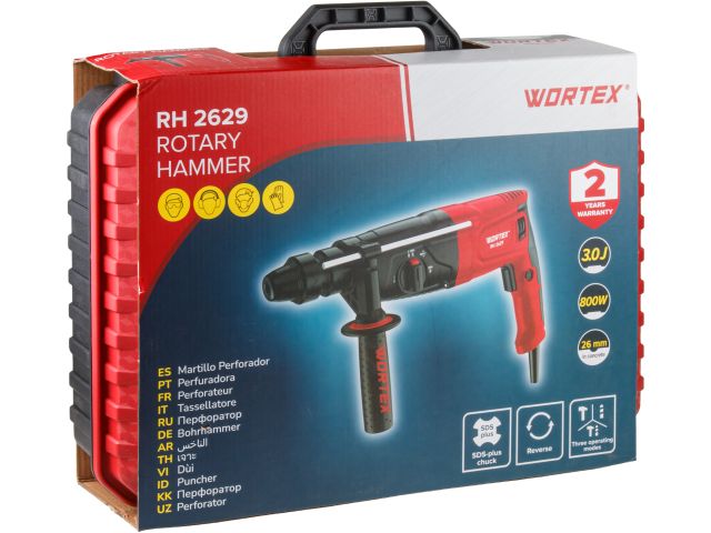 Image 13 Перфоратор WORTEX RH 2629 в чем. + (2 зубила, 3 сверла) 800 Вт, 3.0 Дж, 26 мм, 4 режима, SDS-plus, Б