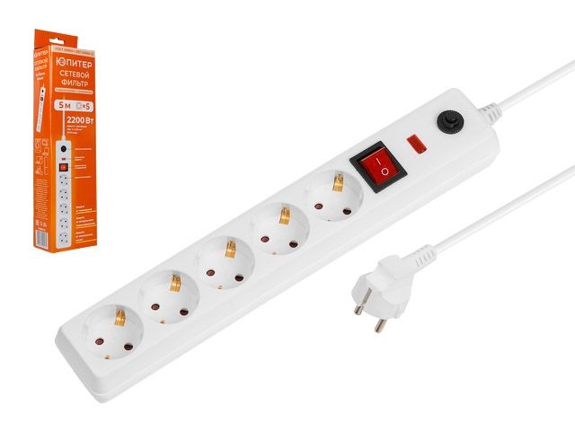 Фильтр сетевой 5м (5 роз., 2,2кВт, с/з, выкл, ПВС 3х0,75) белый Юпитер
