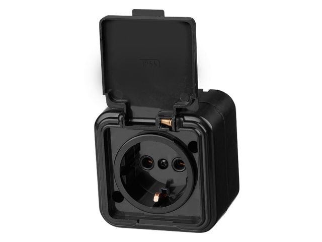 Розетка 1-ая (открытая, с/з, брызг. защ.) черная, Стандарт, Юпитер