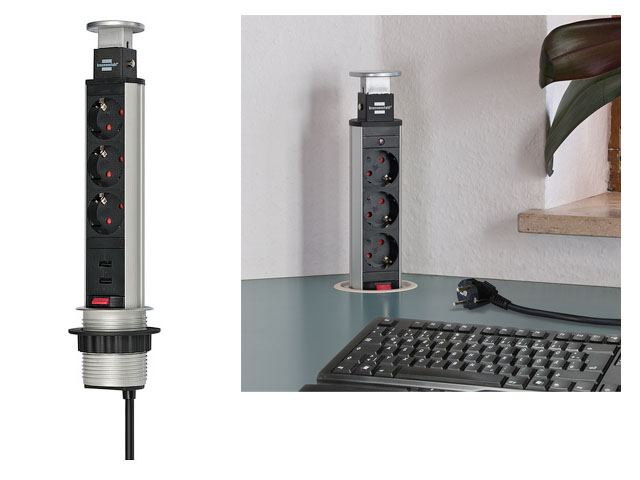 Удлинитель-башня 2м встраиваемый в столешницу (3 роз, 2 USB, H05VV-F 3G1.5) Brennenstuhl