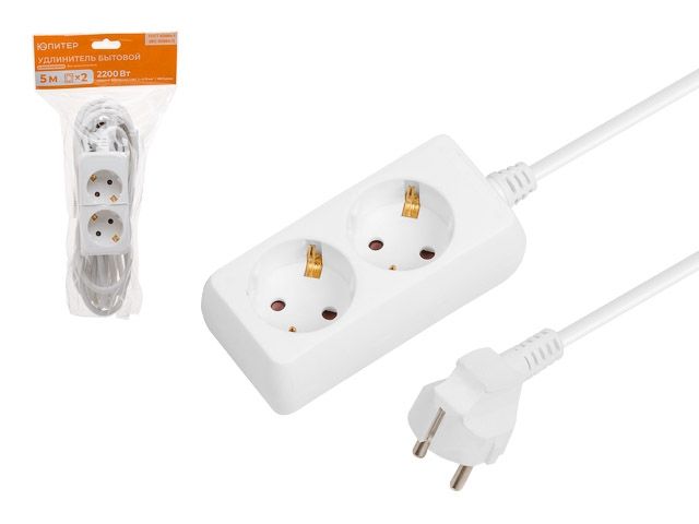 Удлинитель 5м (2 роз., 2,2кВт, с/з, ПВС 3х0,75) Юпитер