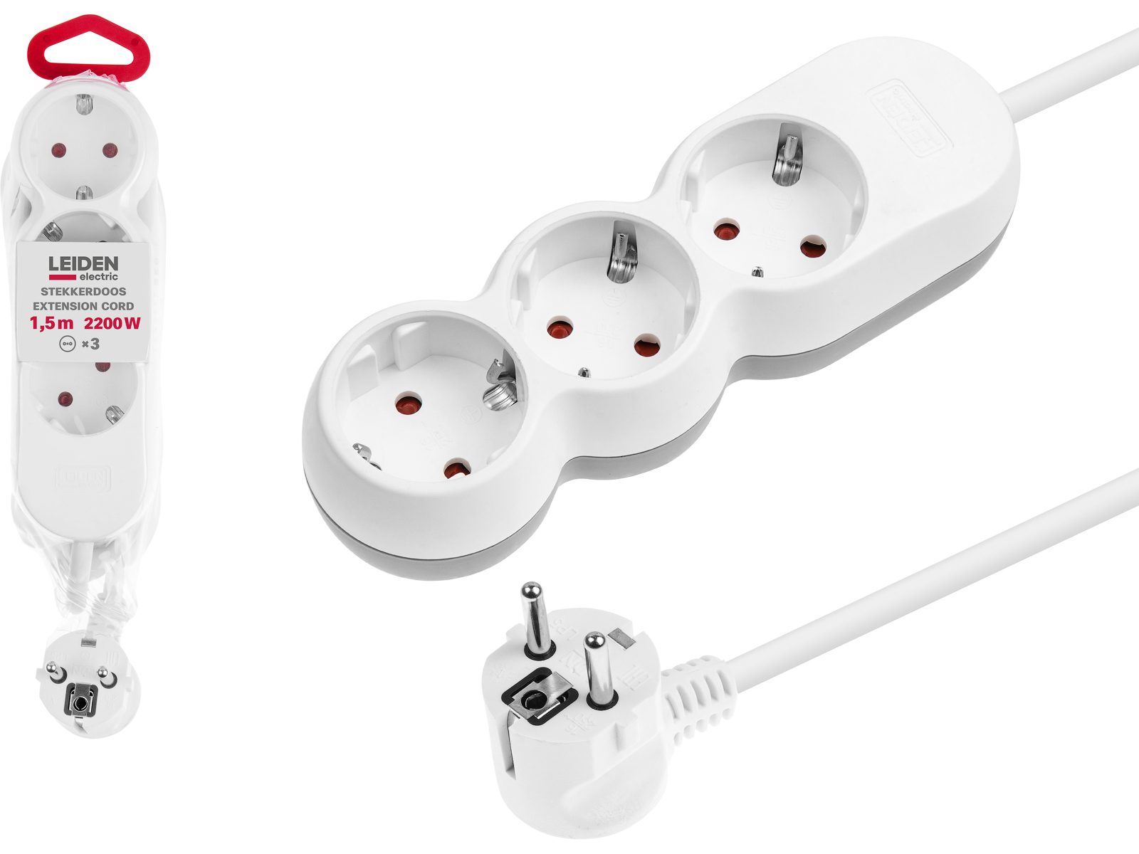 Удлинитель 1,5м (3 роз., 2,2кВт, с/з, ПВС 3х0,75) LEIDEN ELECTRIC