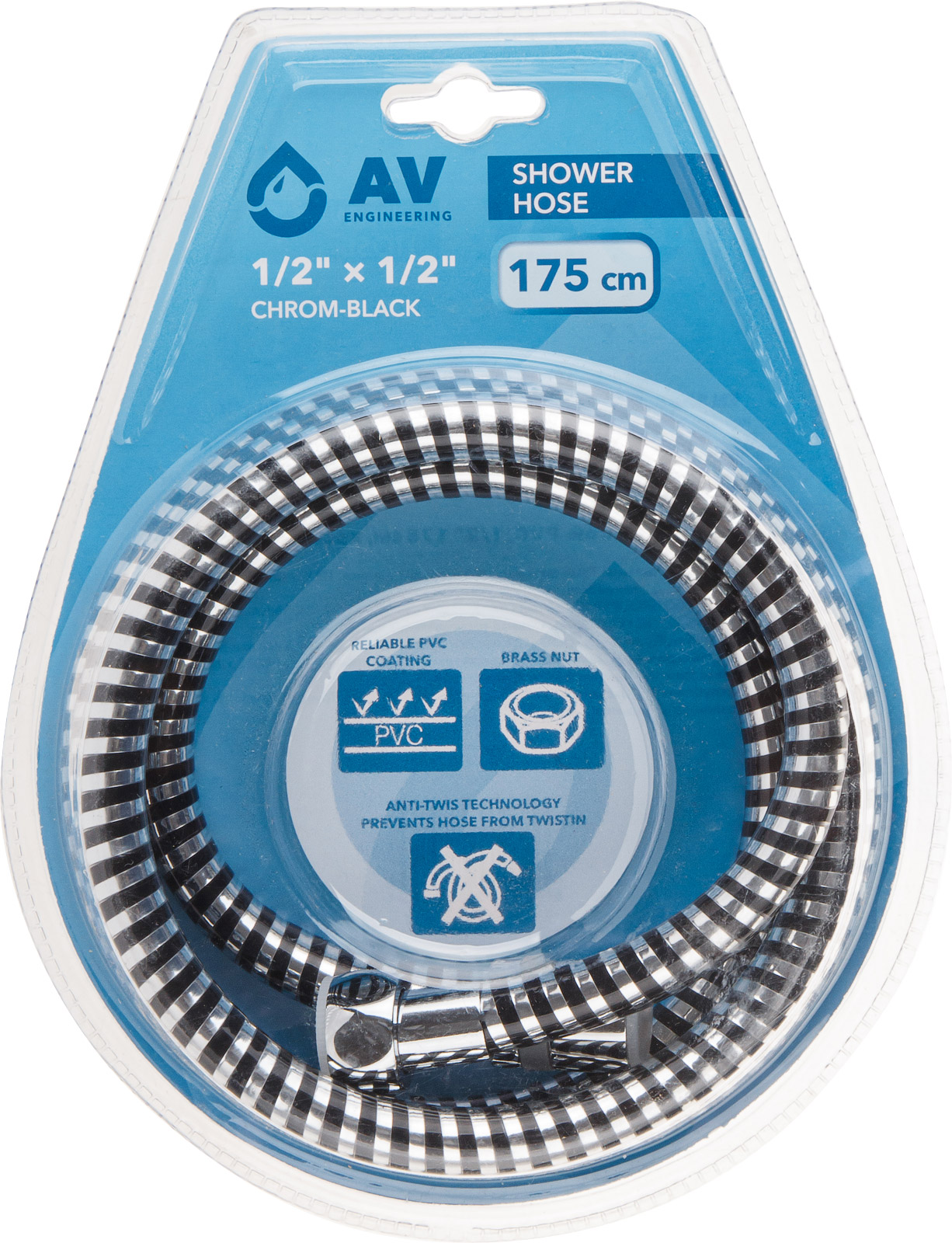 Шланг душевой, PVC, 1/2" г-г 175 см, хром-черн., AV Engineering