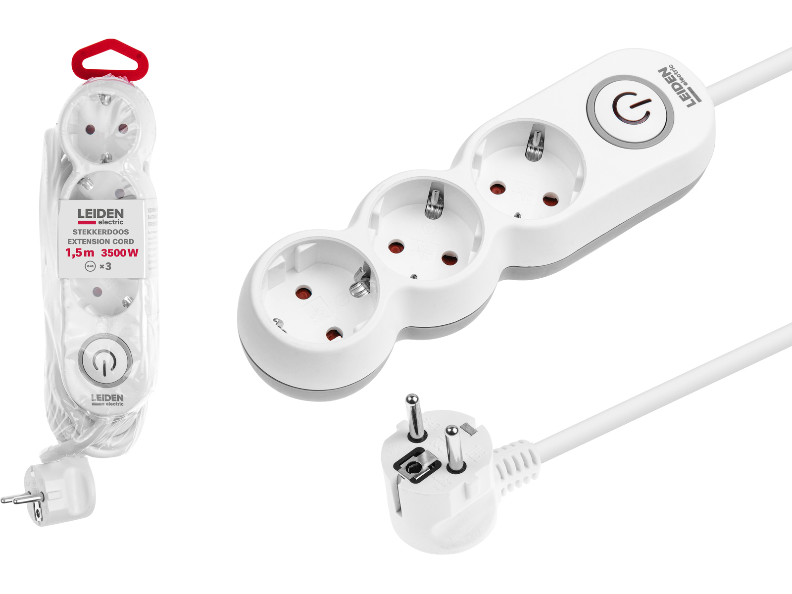 Удлинитель 1,5м (3 роз., 3,5кВт, с/з, выкл, ПВС 3х1,5) LEIDEN ELECTRIC