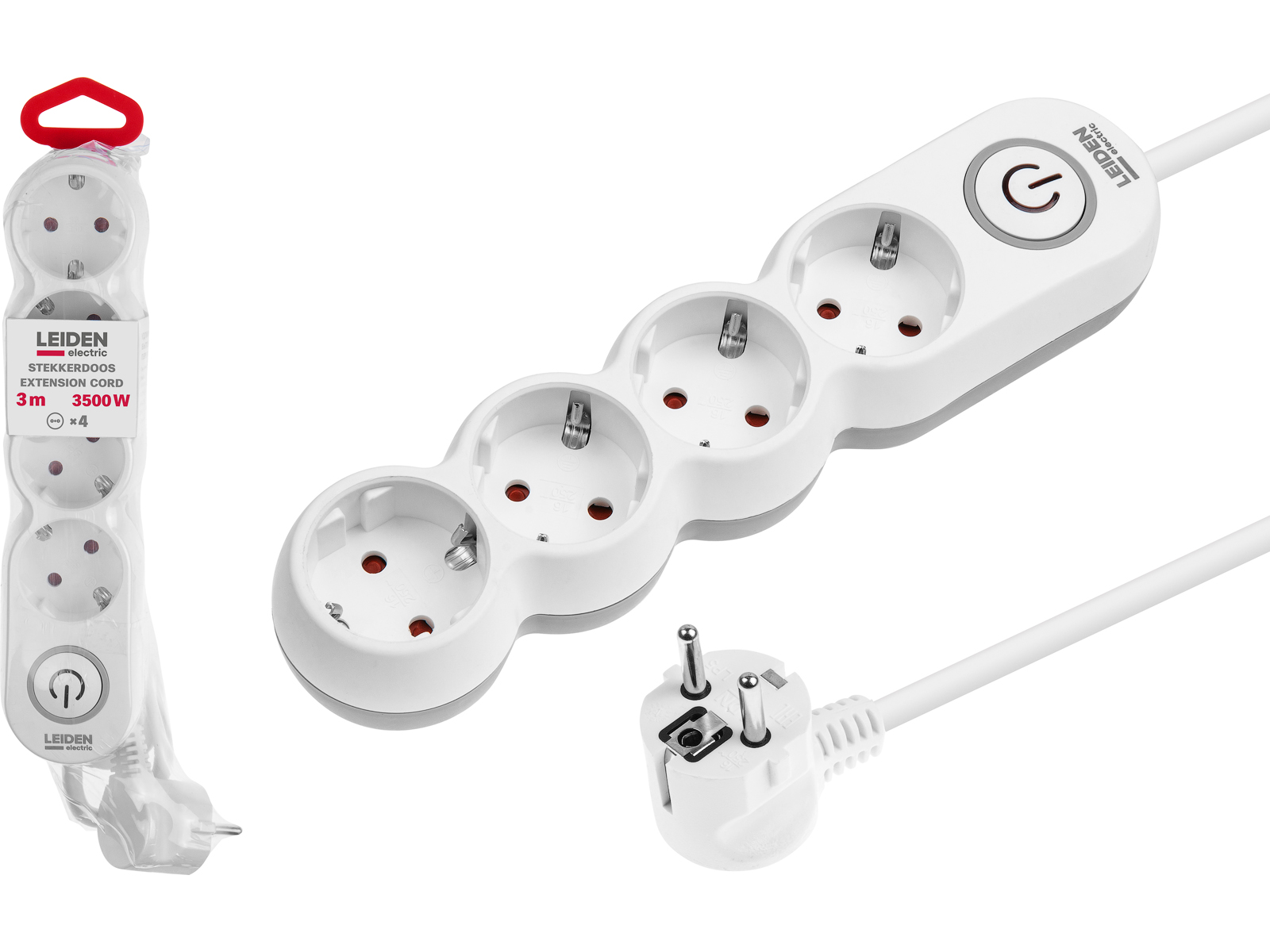 Удлинитель 3м (4 роз., 3,5кВт, с/з, выкл, ПВС 3х1,5) LEIDEN ELECTRIC
