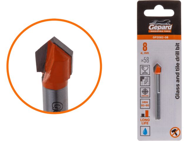 Сверло по кафелю/стеклу  8x58 мм трехгр. хвостовик GEPARD (GP2082-08)