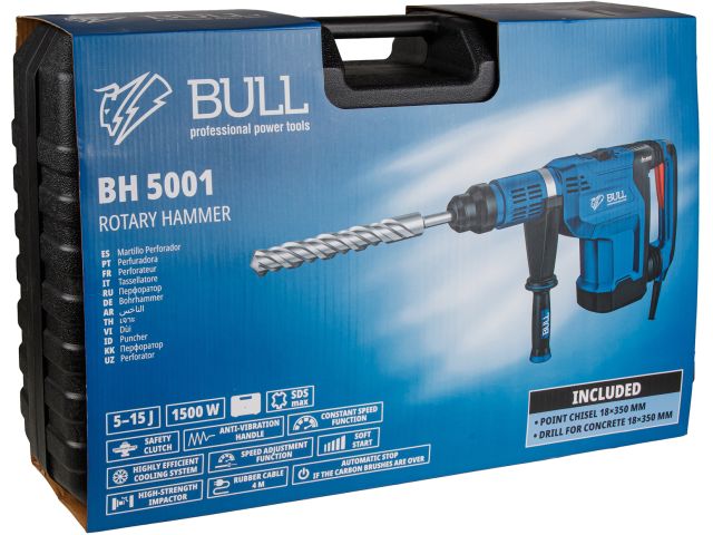 Image 12 Перфоратор BULL BH 5001 в чем. 1500 Вт, 5-15 Дж, 50 мм, 2 реж. + 1 зуб., 1 сверло, SDS-max, рег. об.