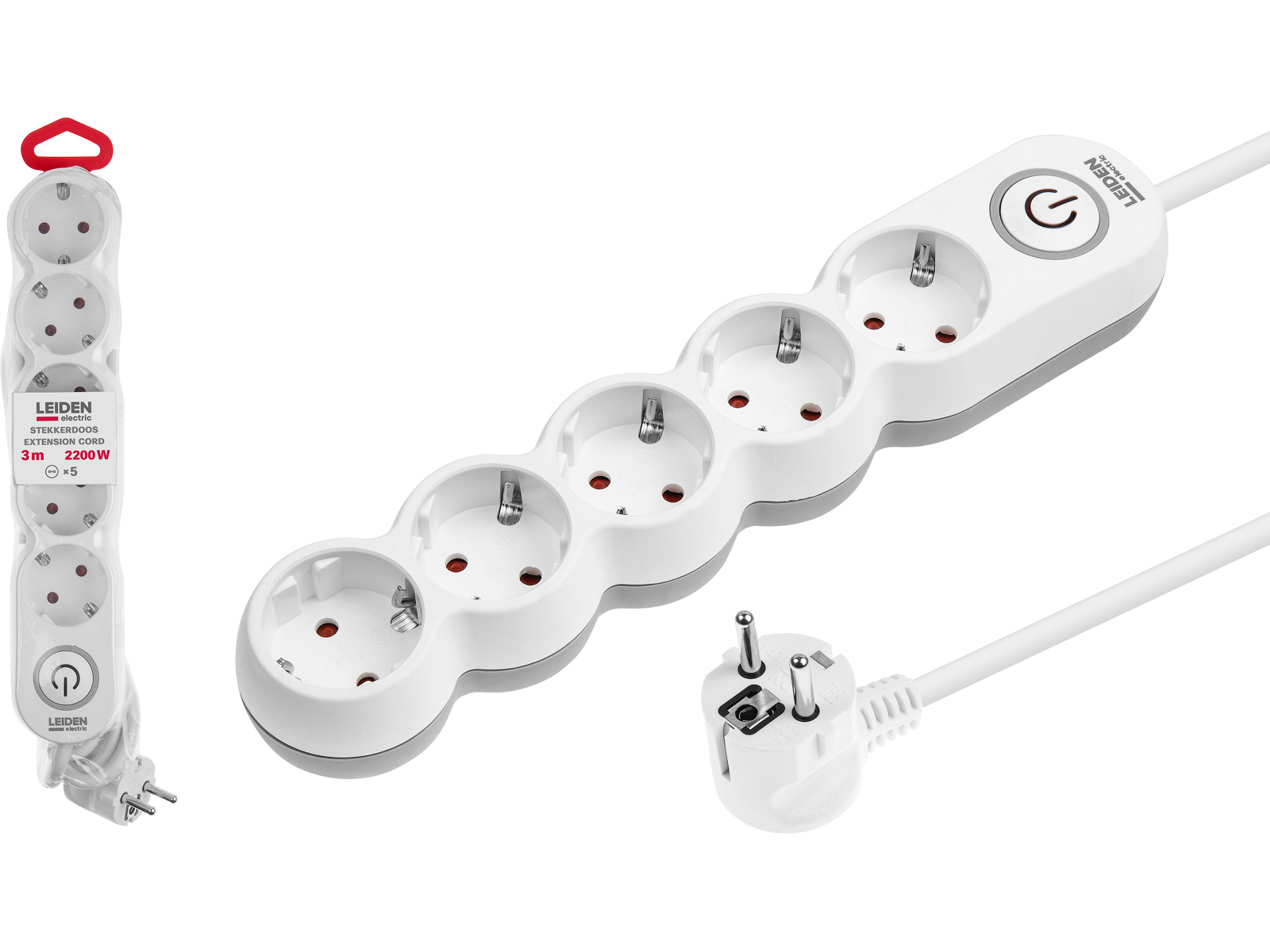 Удлинитель 3м (5 роз., 2,2кВт, с/з, выкл, ПВС 3х0,75) LEIDEN ELECTRIC